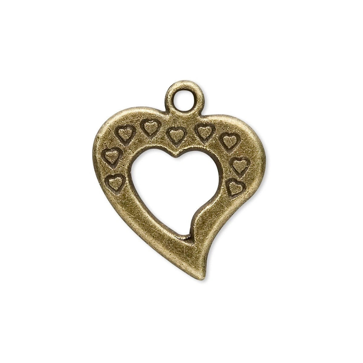 An antique bronze heart-shaped jewelry charm with a cutout center and small heart engravings, shown on a plain white background.