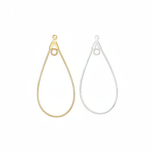 Two teardrop-shaped wire jump rings for jewelry making, shown side by side on a plain white background. One is gold-toned and the other is silver-toned, both with lobster clasp tops.