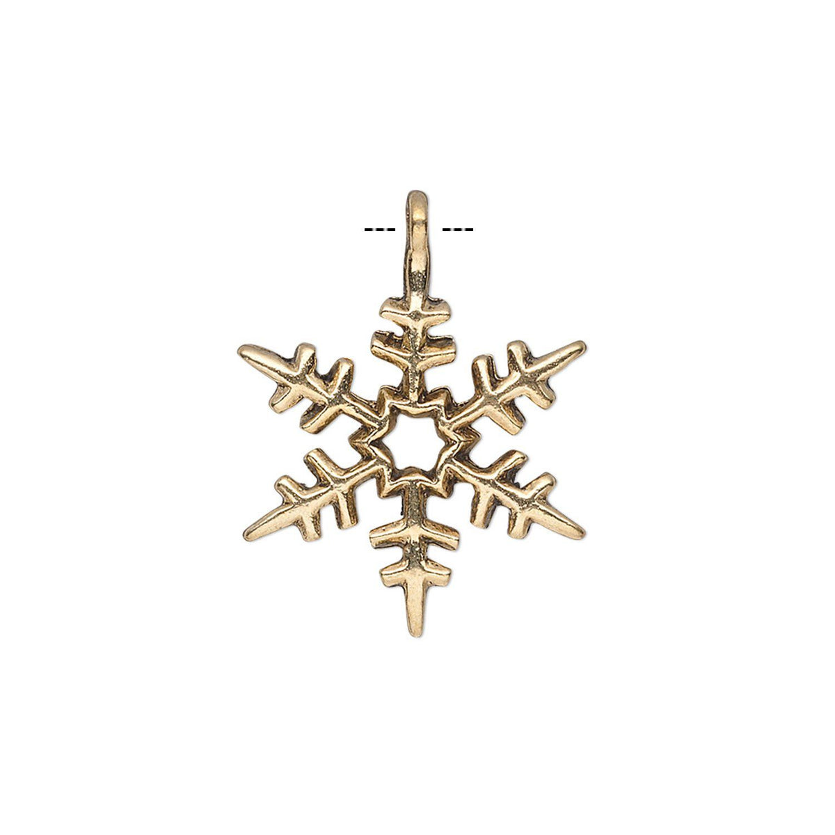 A gold snowflake-shaped pendant charm with a textured metallic finish, shown on a plain white background with a dashed line indicating the bail size.