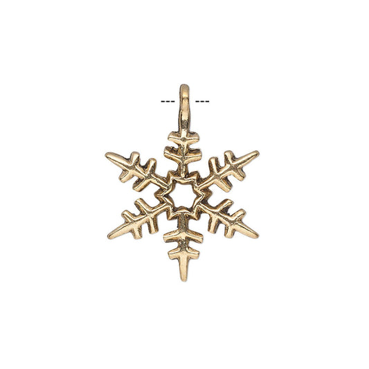 A gold snowflake-shaped pendant charm with a textured metallic finish, shown on a plain white background with a dashed line indicating the bail size.