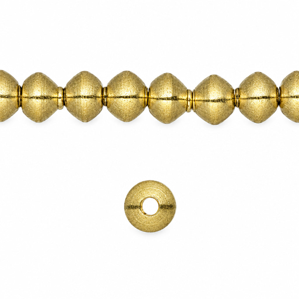 A strand of small metallic gold spool-shaped beads with a single loose gold spool bead below, shown on a plain white background.