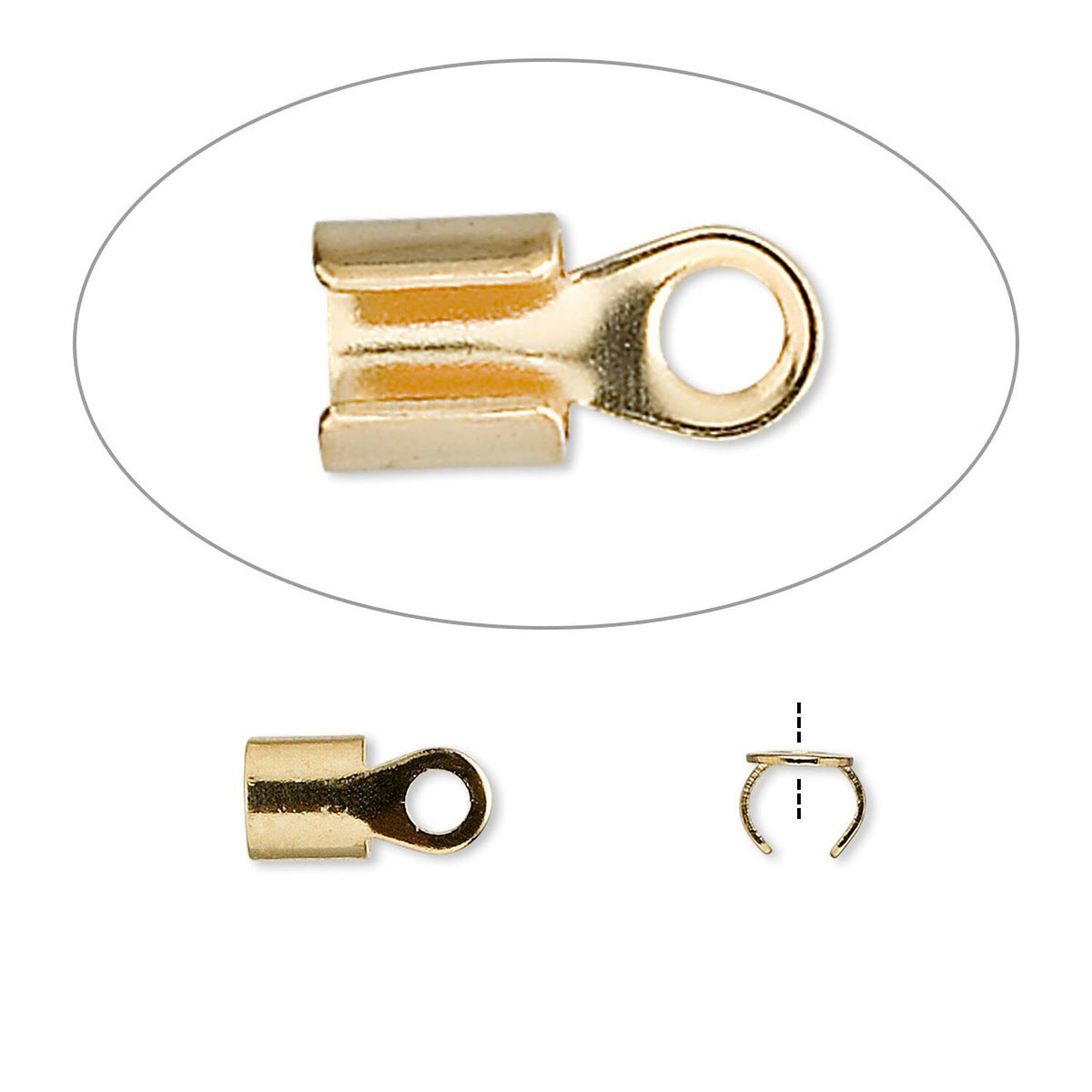 Gold-plated metal jump ring connector with a looped end, shown from multiple angles on a white background, including a close-up inset and a side cross-section view.