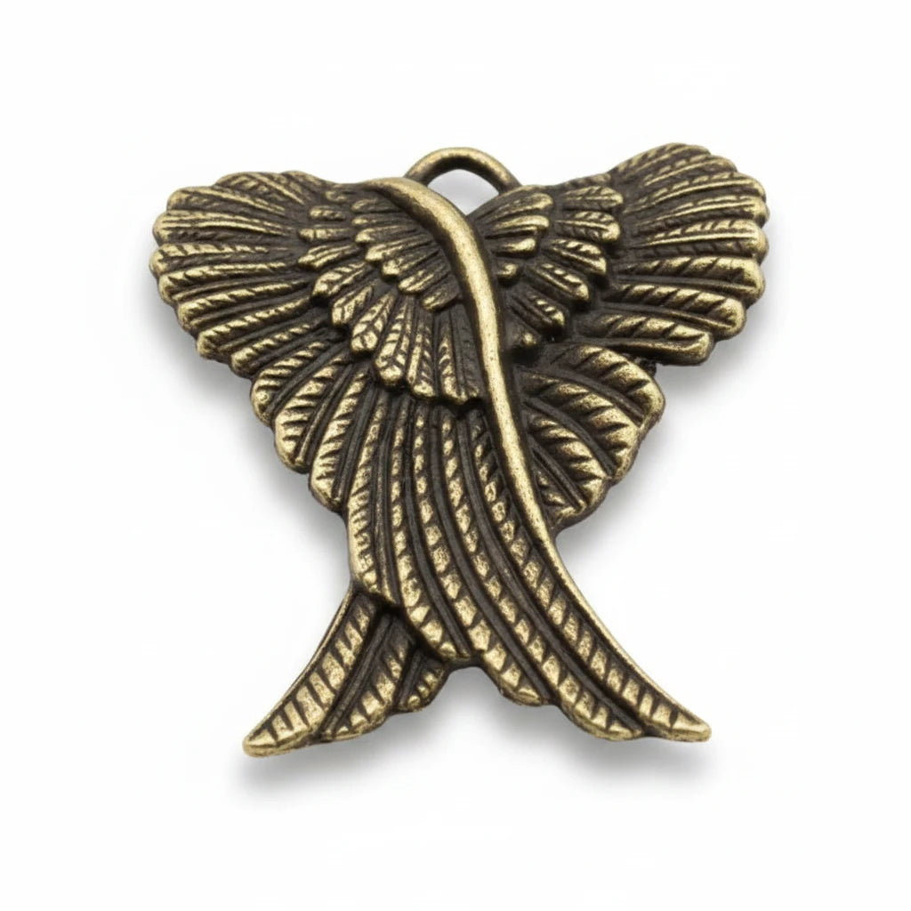 An antique bronze metal wing-shaped pendant or charm with detailed feather textures and a loop at the top, shown on a plain light background.
