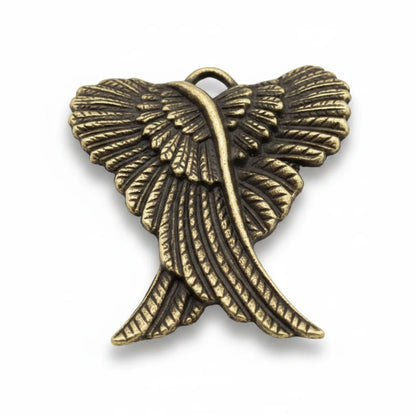 An antique bronze metal wing-shaped pendant or charm with detailed feather textures and a loop at the top, shown on a plain light background.