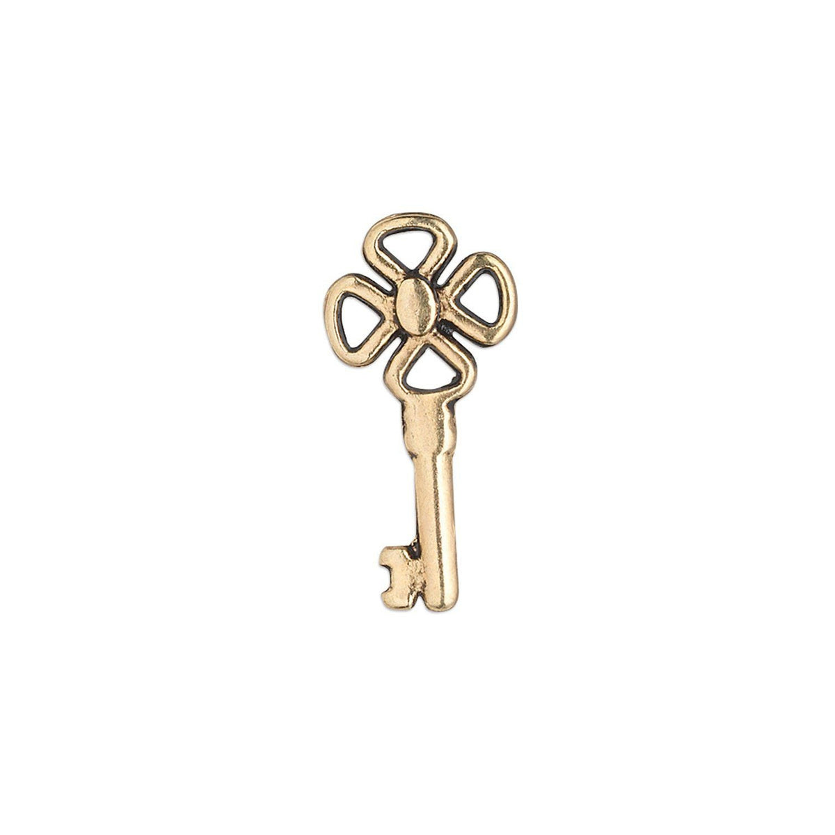 A small antique-style gold key charm with a decorative four-petal bow and straight bit, shown on a plain white background.