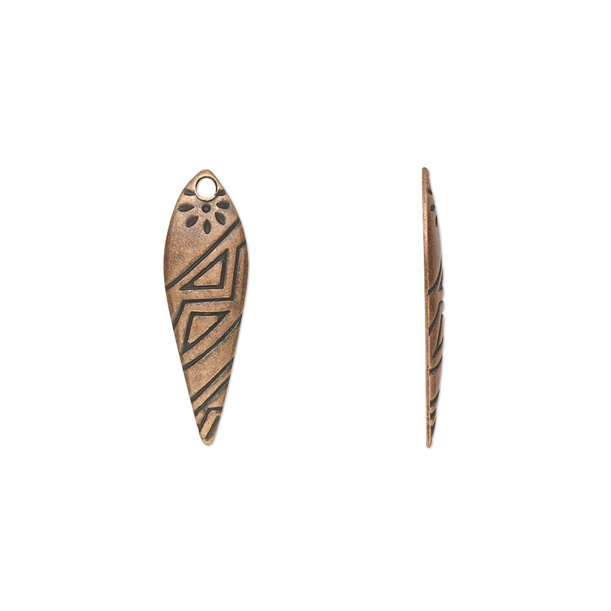 Two small teardrop-shaped metal charms with engraved geometric patterns, shown on a plain white background.
