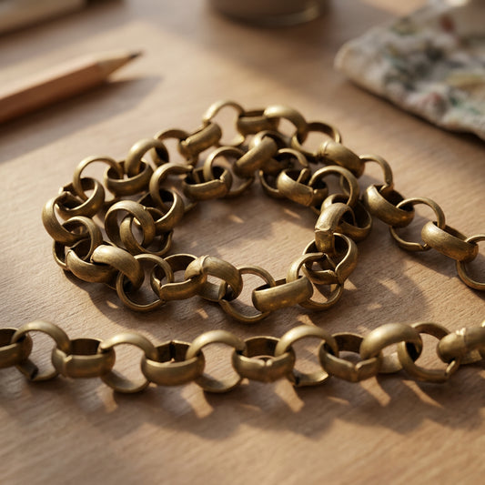A close-up of a bronze-colored metal link chain with interlocking oval links, laid out on a plain white background.