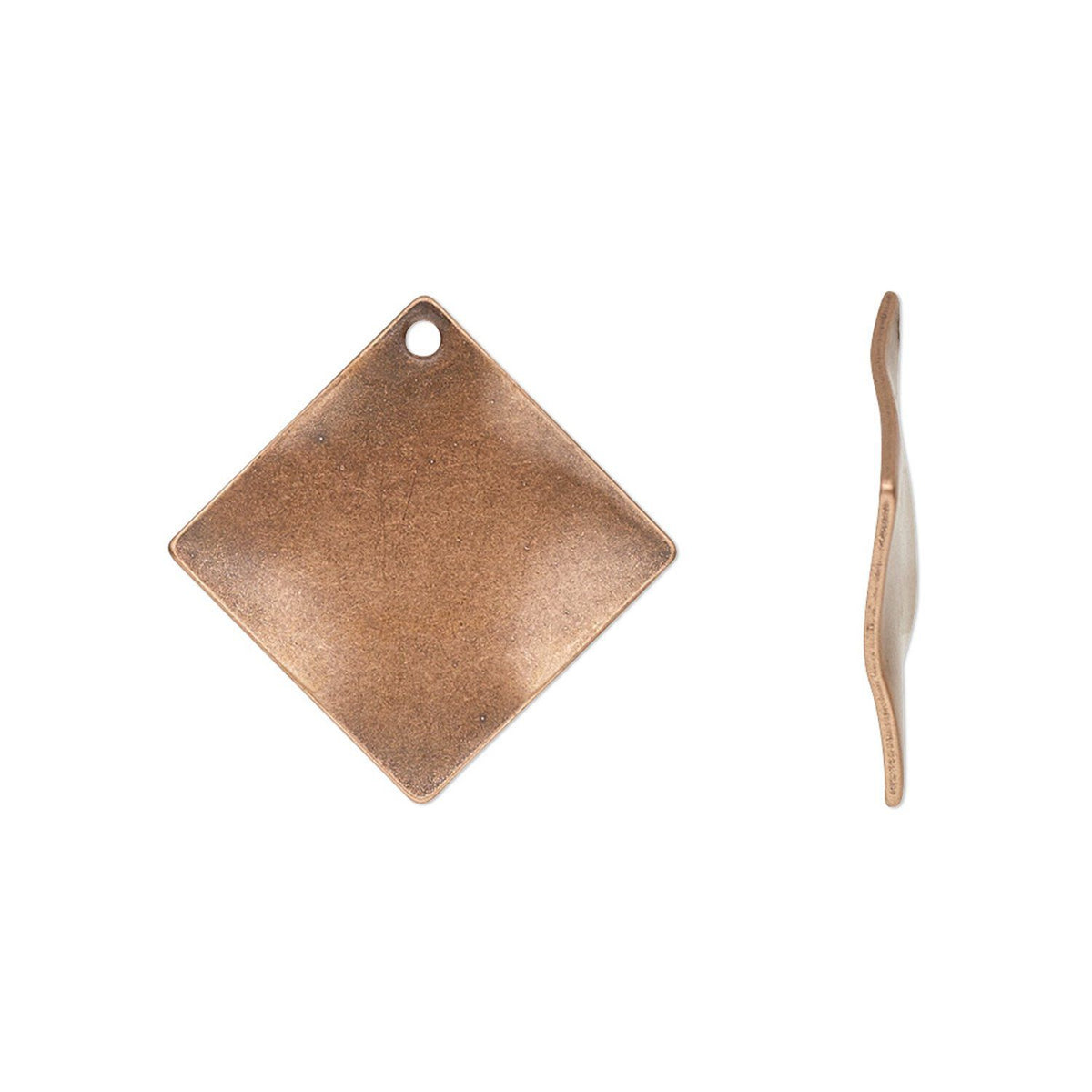 A square metal jewelry finding with rounded corners and a pre-drilled hole at the top, finished in a textured rose gold or coppery pink tone, shown on a plain white background.