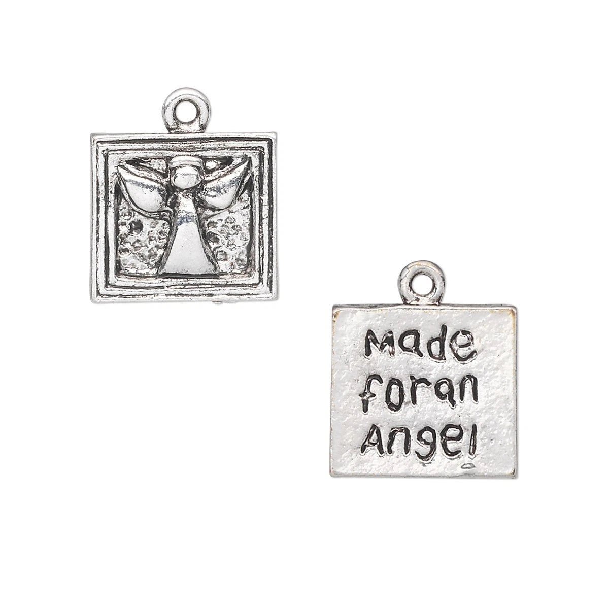 Two silver square charms on a white background, one showing an angel design and the other reading 'made for an Angel' with a small loop at the top.
