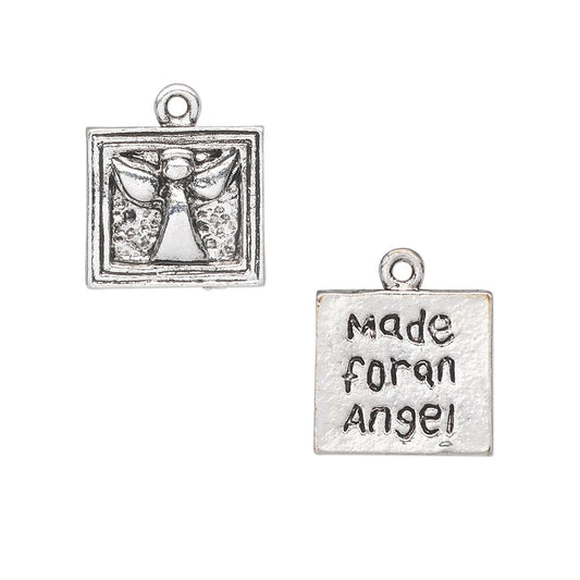 Two silver square charms on a white background, one showing an angel design and the other reading 'made for an Angel' with a small loop at the top.