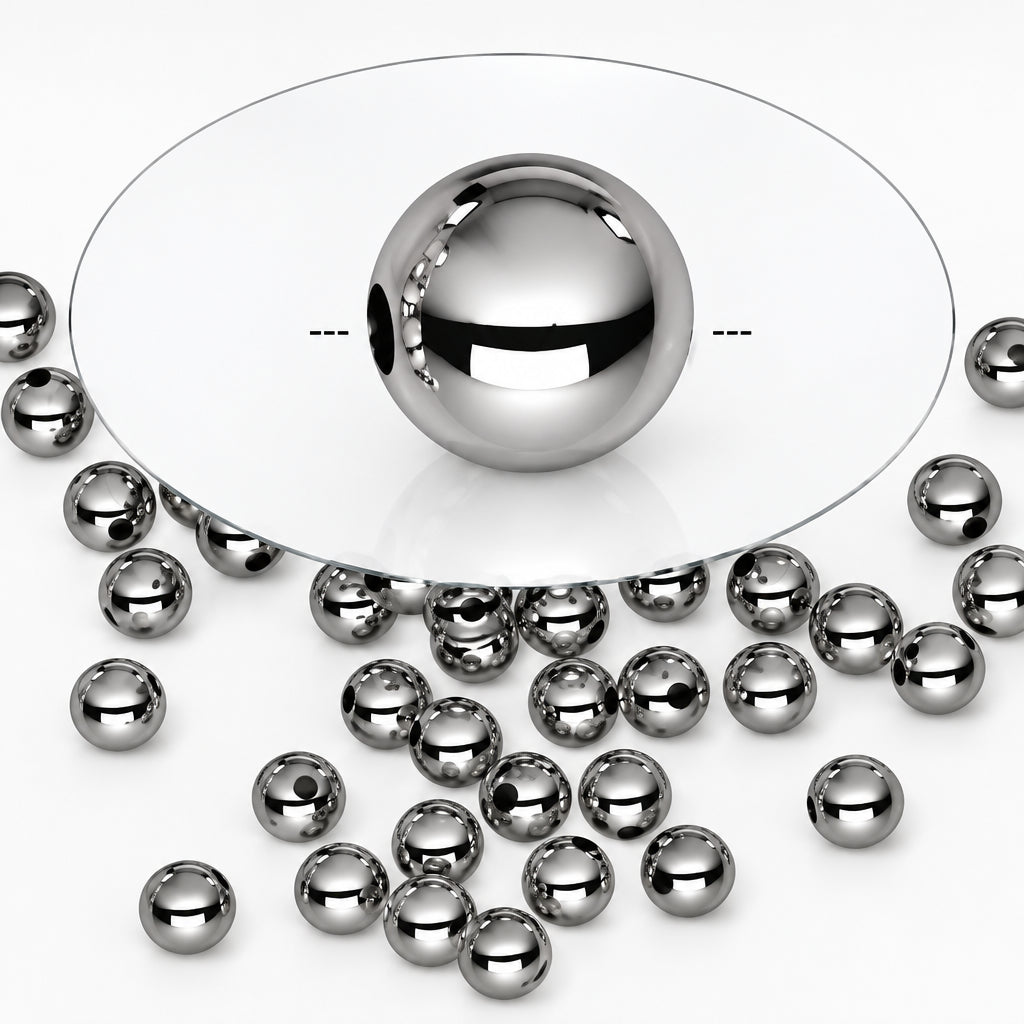 A shiny silver metallic ball bead shown in the center with several smaller matching silver beads scattered around it on a white background.
