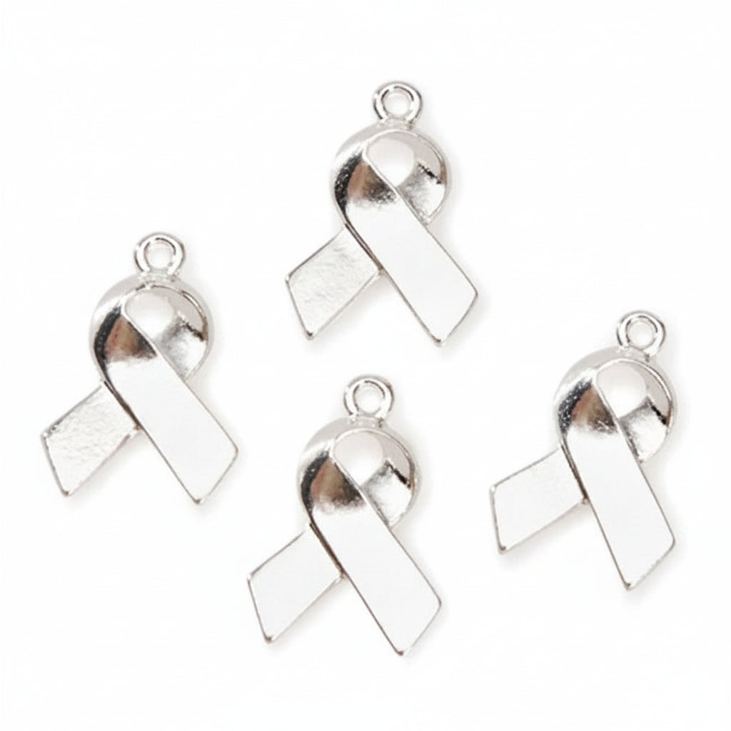 Four silver awareness ribbon charms with hanging loops, arranged on a plain white background.
