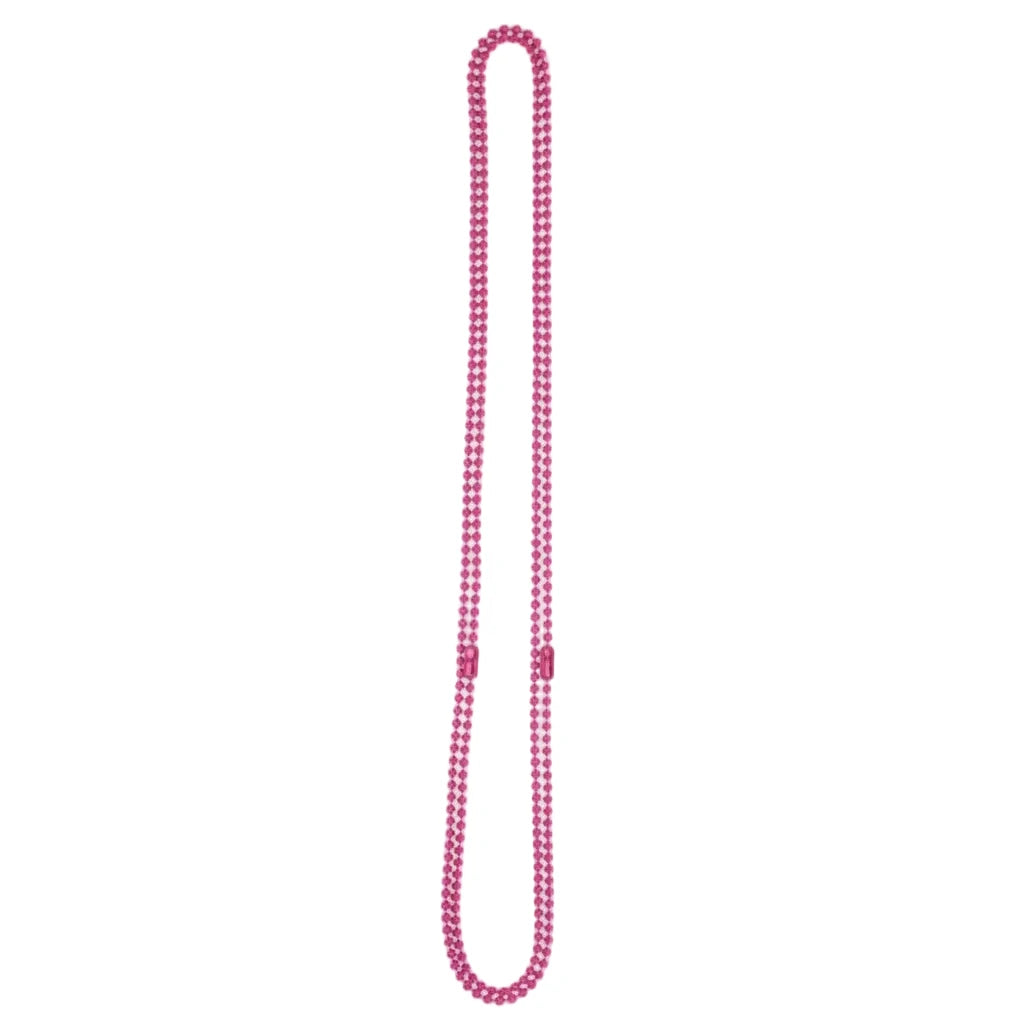 A long pink beaded necklace or garland laid vertically on a plain white background.