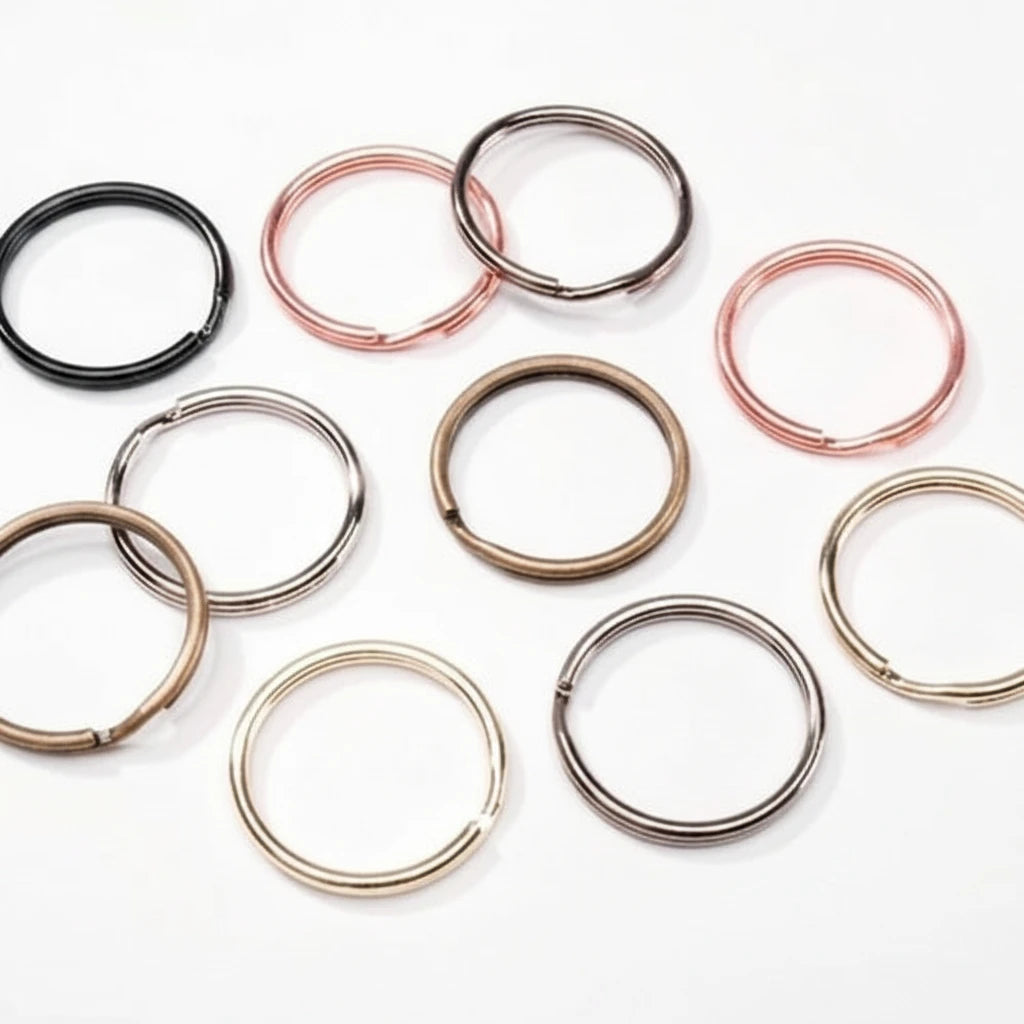 Nine metal split rings in various finishes including black, rose gold, silver, bronze, and gold, arranged on a plain white background.