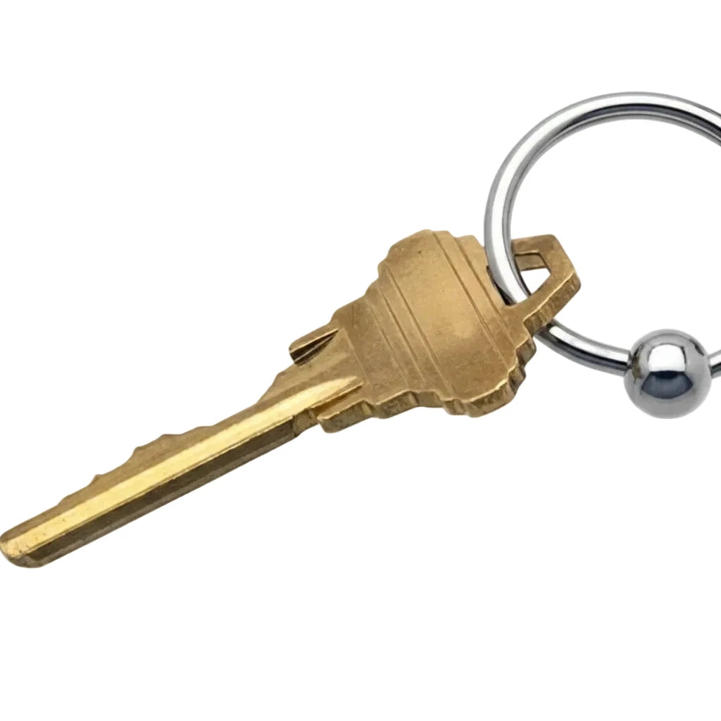 A brass key-shaped body with a silver metal ball and ring attached, shown on a plain white background.