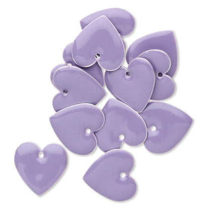 Silver Plated Brass & Epoxy Lilac Purple Double-Sided Heart Charms 16mm — 12 pcs