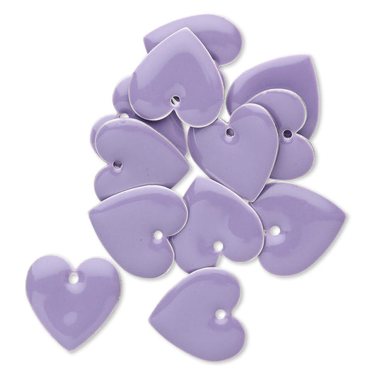 Silver Plated Brass & Epoxy Lilac Purple Double-Sided Heart Charms 16mm — 12 pcs