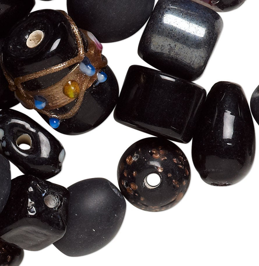 Lampworked Glass Bead Mix: Fancy Ebony Jet Black, Assorted Shapes (100g, ~60-100 pc)