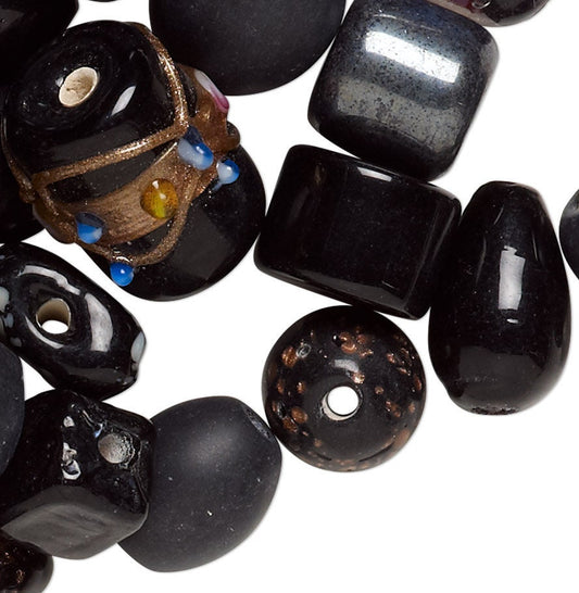 Lampworked Glass Bead Mix: Fancy Ebony Jet Black, Assorted Shapes (100g, ~60-100 pc)