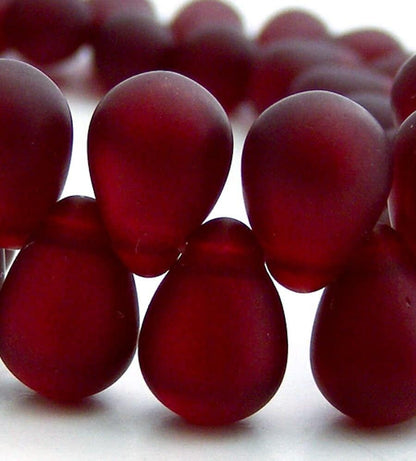 Czech Pressed Glass Matte Garnet Red Top Drilled Teardrop Beads 8x6mm — 100 pcs