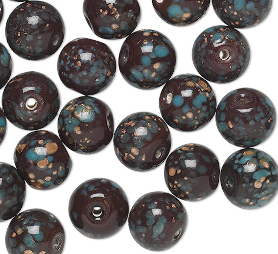 Brown Turquoise & Copper Glitter Lampwork Glass Round Beads 12mm — 50 pcs