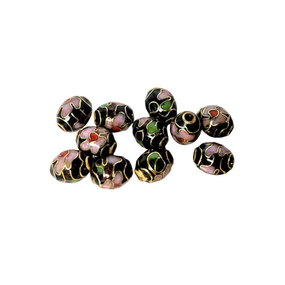 Cloisonné Black & Pink Oval Beads 9x7mm — 10 pcs
