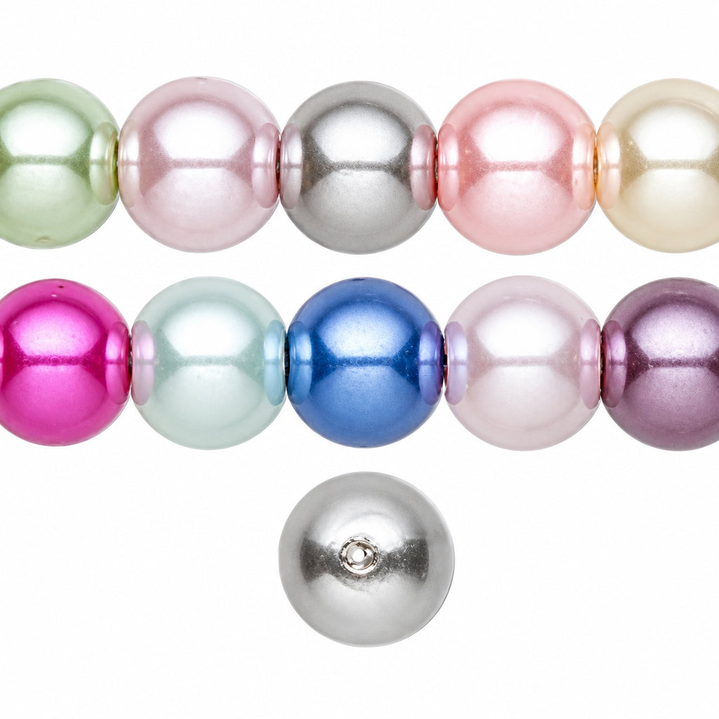 Round pearl beads in assorted pastel and metallic colors, including mint green, pale pink, silver, magenta, light blue, royal blue, lavender, and a separate silver bead shown below on a white background.