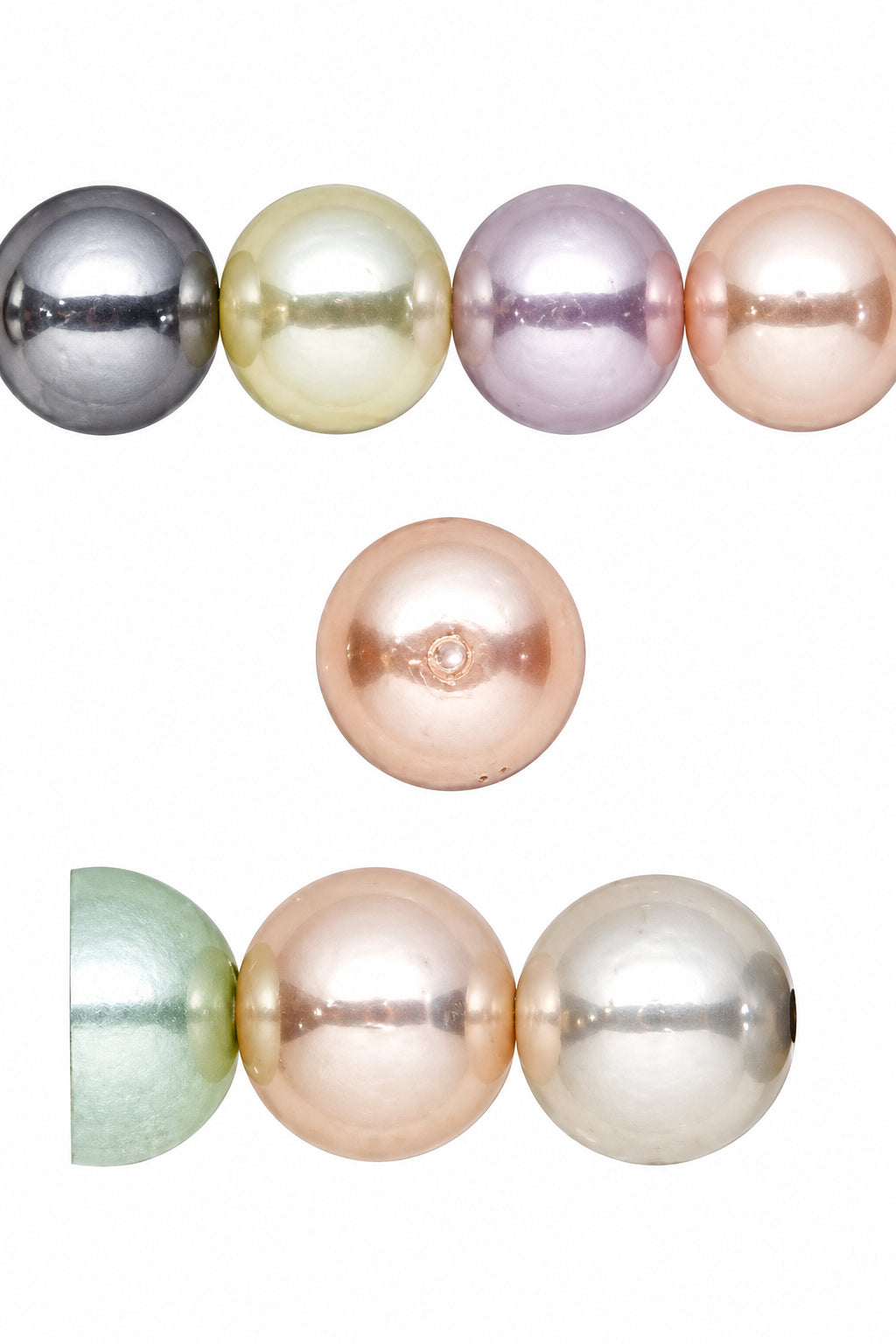 round pearl beads in assorted pastel and metallic colors, including silver, pale yellow, lavender, peach, light green, and rose gold, shown on a plain white background.