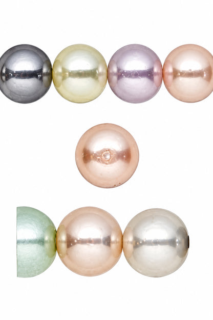 round pearl beads in assorted pastel and metallic colors, including silver, pale yellow, lavender, peach, light green, and rose gold, shown on a plain white background.