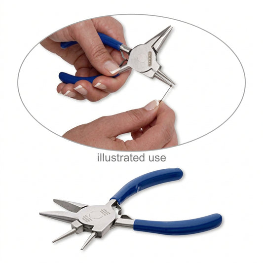 A pair of silver chain-nose pliers with blue handles, shown both as a product shot and in an inset demonstration of use by hands. The image includes the text 'illustrated use' on a white background.