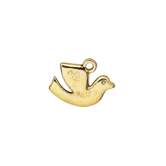 A small gold-colored metal charm shaped like a flying dove, featuring a textured finish and a small hanging loop at the top, shown on a plain white background.