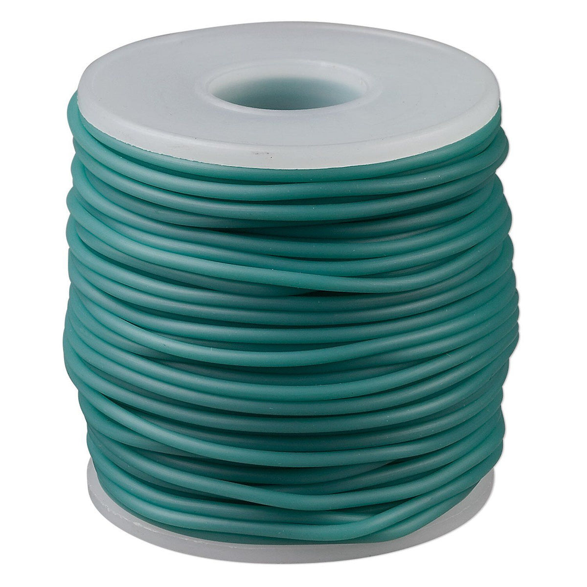  teal-colored cord or wire wound tightly on a white plastic core, shown against a plain white background.