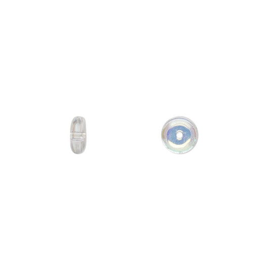 Two small oval jewelry findings on a plain white background: one shown from the side and one from the top, both with a silver-toned metal edge and an iridescent, color-shifting center that reads as pale blue, white, and hints of other hues.