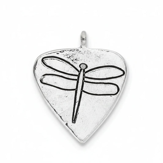 A silver-toned guitar pick pendant featuring an engraved dragonfly design, shown against a plain white background.