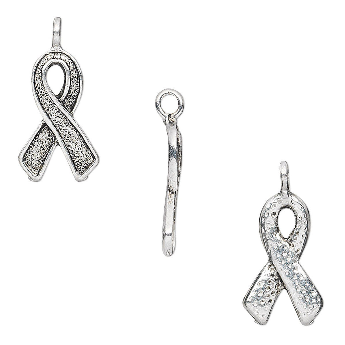 A silver awareness ribbon pendant with a textured, hammered finish and a polished bail at the top, shown on a plain white background.