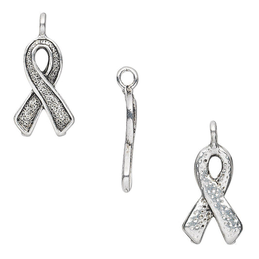 A silver awareness ribbon pendant with a textured, hammered finish and a polished bail at the top, shown on a plain white background.