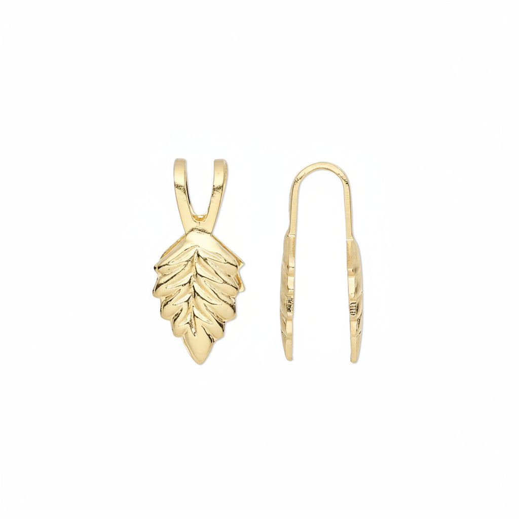 A pair of gold leaf-shaped drop earrings shown on a plain white background, with one earring facing forward to display the leaf design and the other shown in side profile.