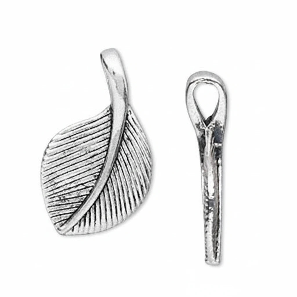 Two silver leaf-shaped jewelry charms with textured ribbing and loop tops, shown on a plain white background.