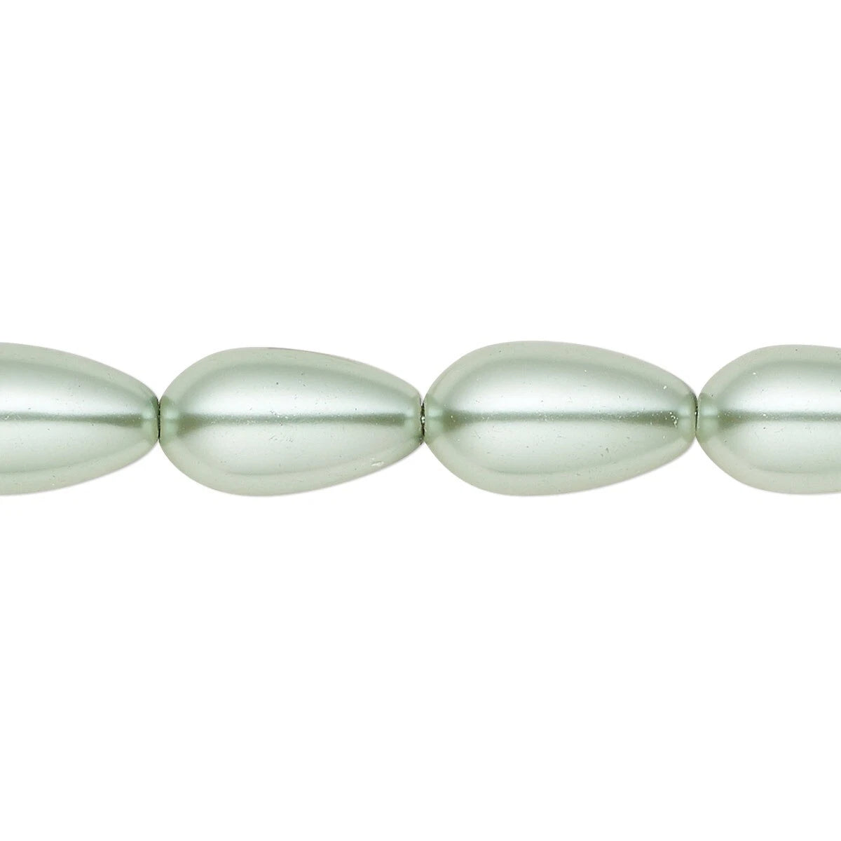 A close-up of a strand of elongated, teardrop-shaped beads with a glossy, pearlescent finish in a pale sage green color, set against a plain white background.