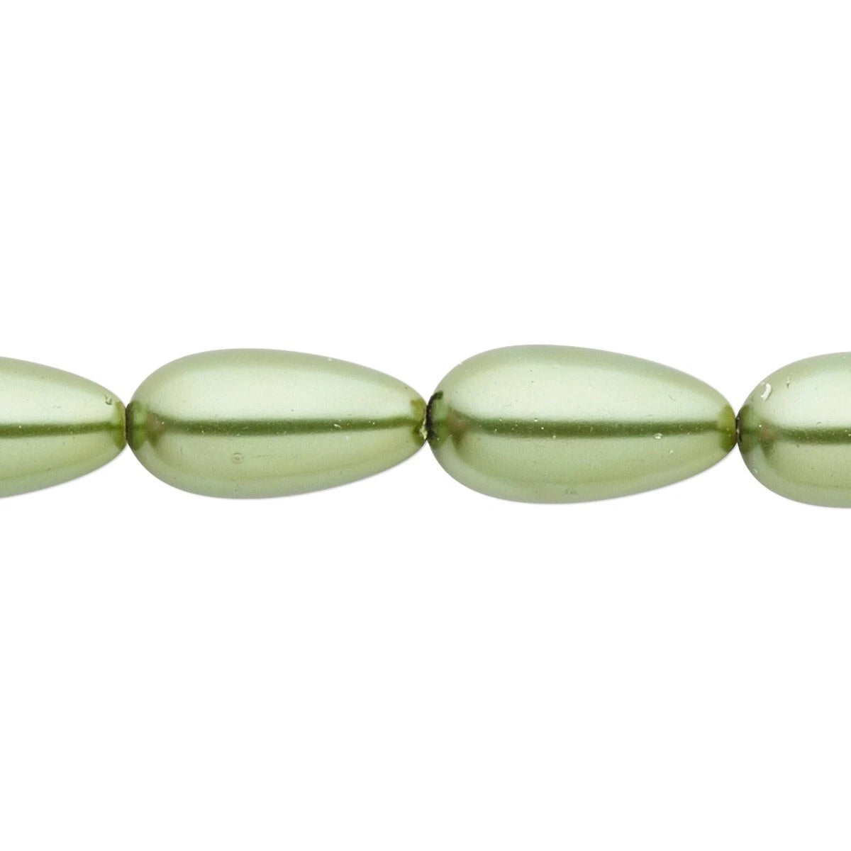 A close-up of glossy, teardrop-shaped beads in a pale, metallic olive green color, strung horizontally on a white background.