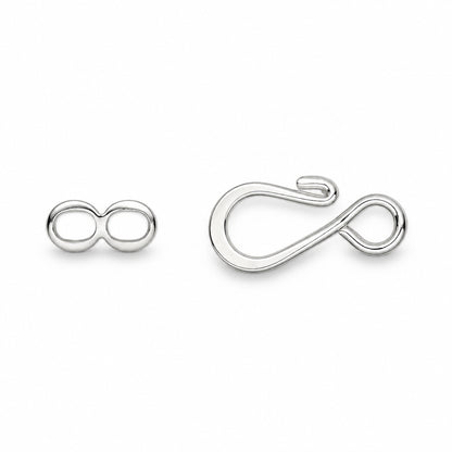 Two silver metal findings on a plain white background: a small infinity-shaped loop on the left and a larger S-hook style loop on the right.