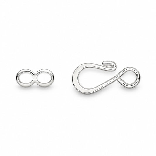 Two silver metal findings on a plain white background: a small infinity-shaped loop on the left and a larger S-hook style loop on the right.