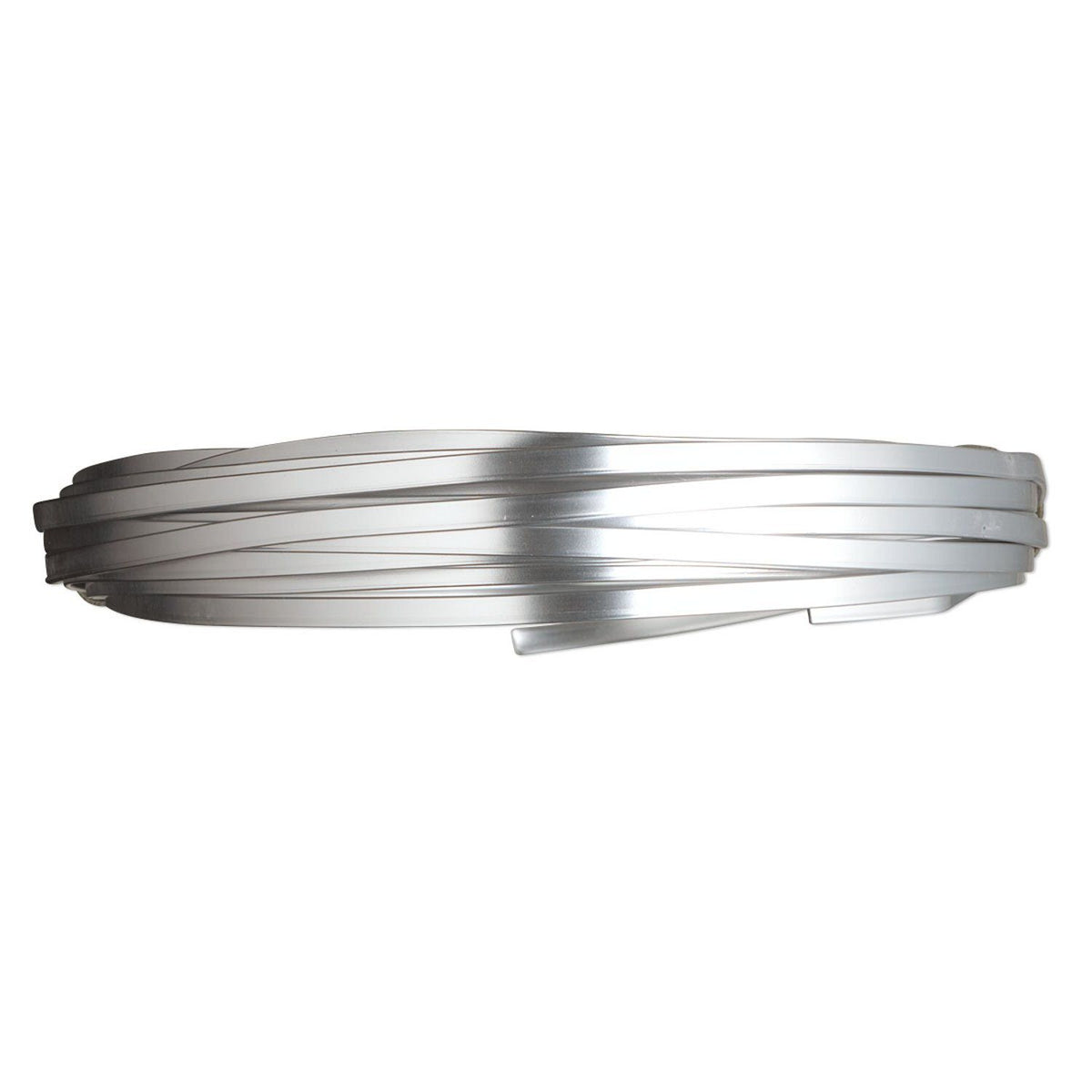 A coiled roll of metallic silver ribbon or tape, shown horizontally against a plain white background.