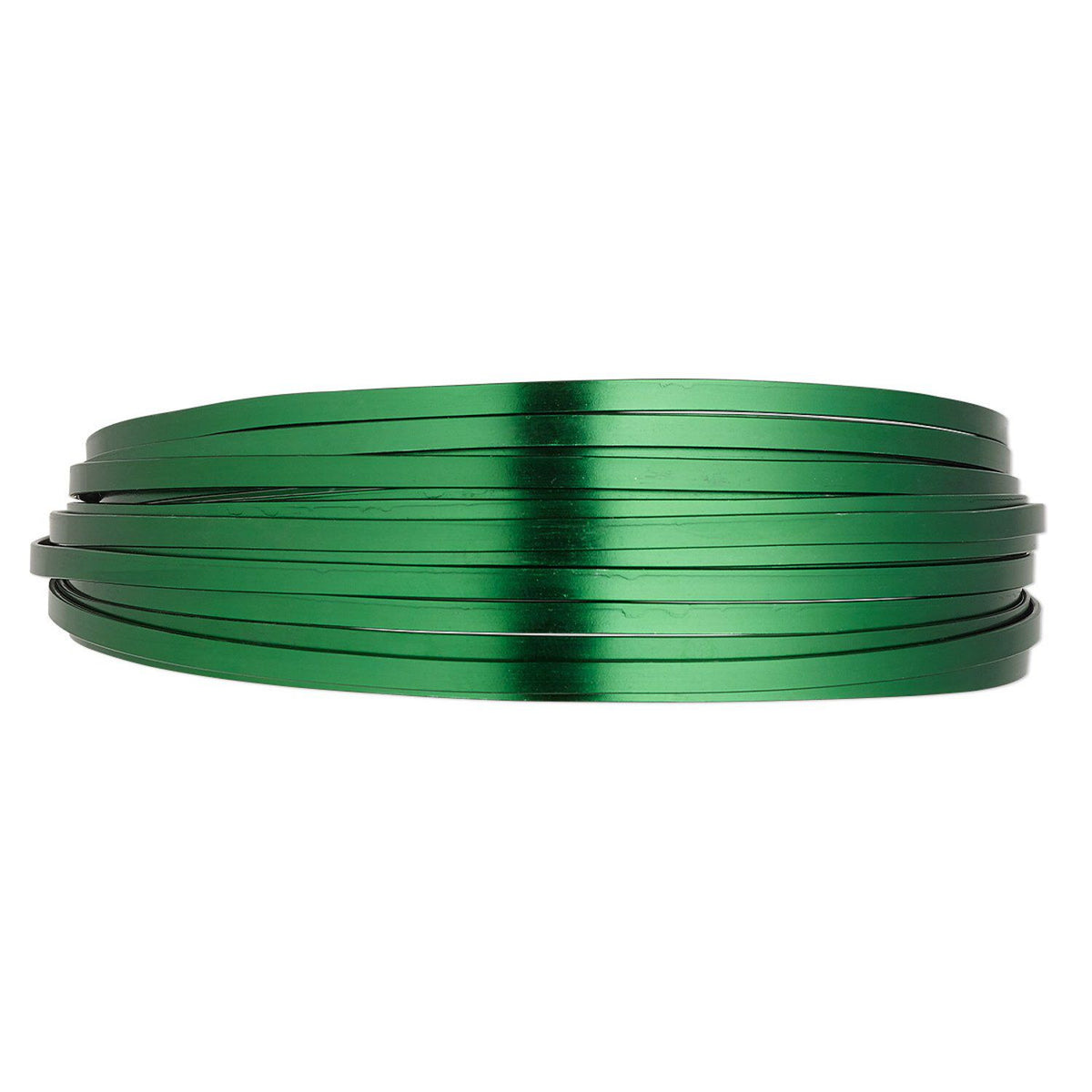 A coiled roll of metallic green wire or trim, photographed against a solid white background.