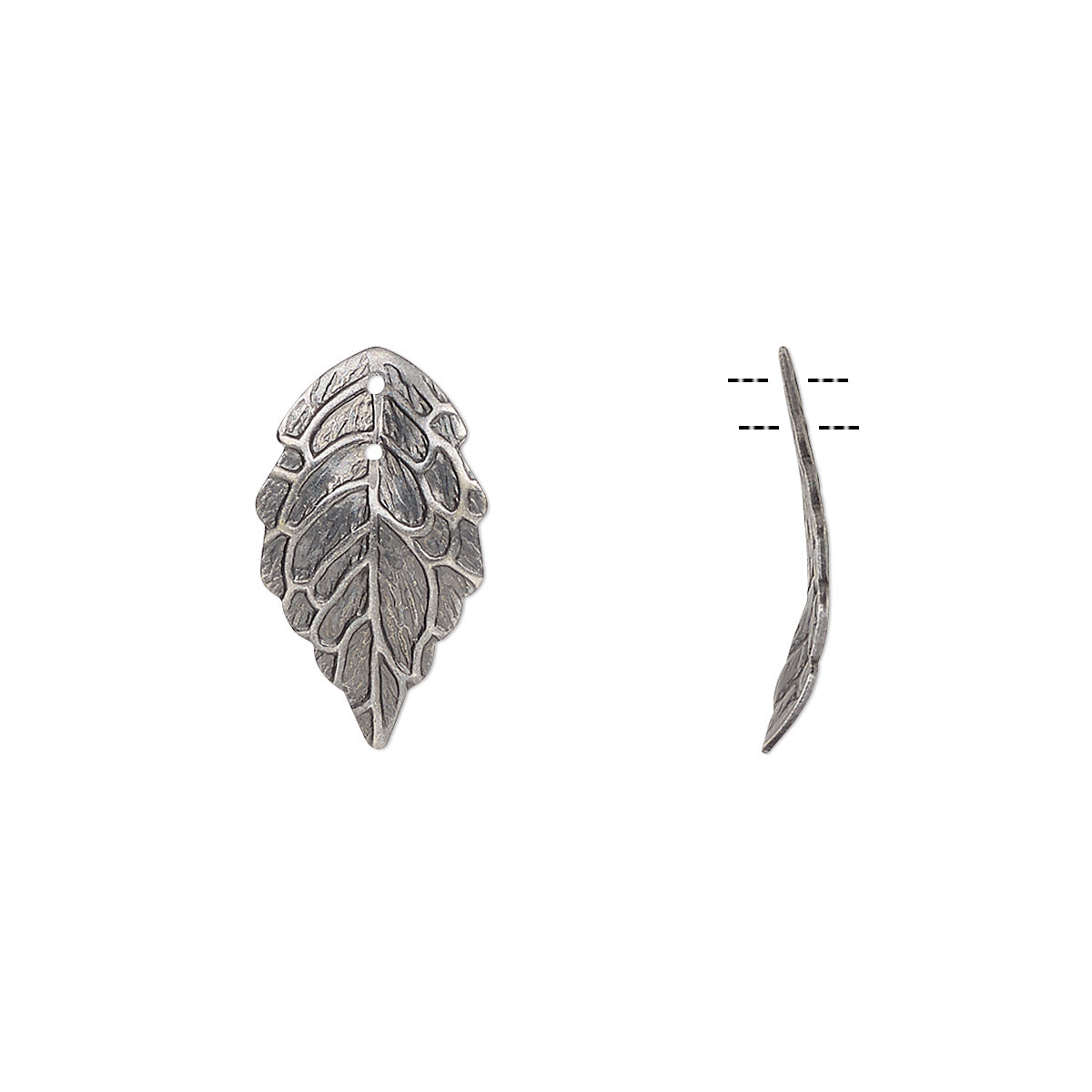 A silver-toned leaf-shaped jewelry component shown from the front and side on a plain white background, with a dashed measurement guide in the side view.