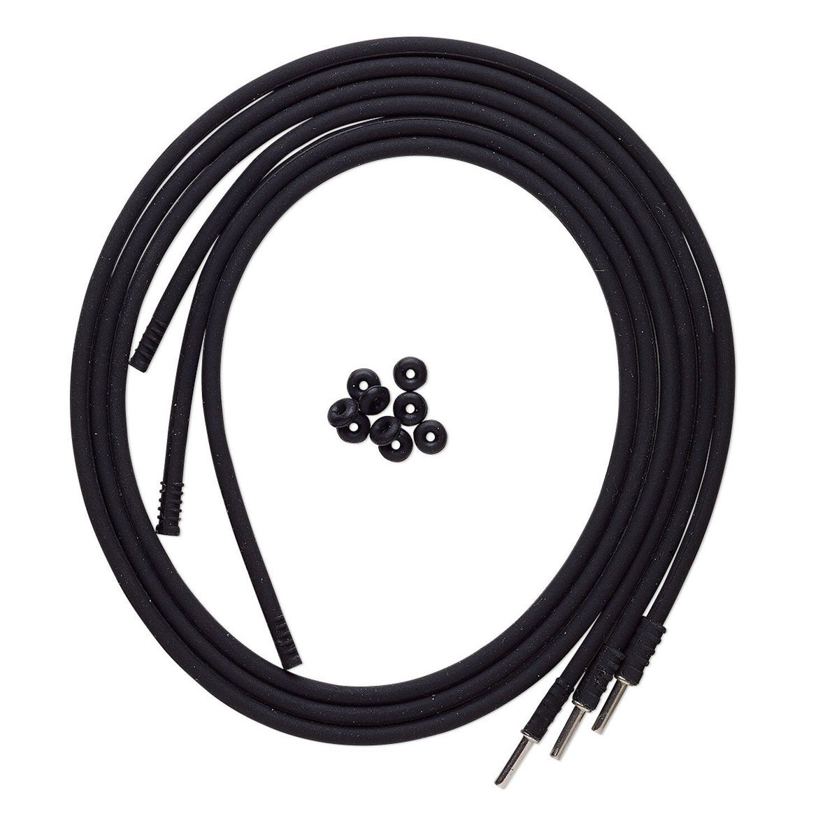 A coiled black cable with small black plastic connectors and a small cluster of black rubber O-rings, photographed on a plain white background.