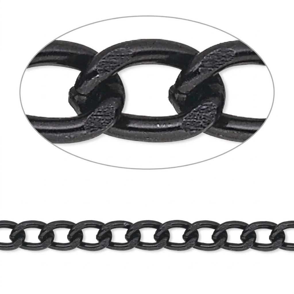 Black metal curb chain shown with a circular close-up inset of the interlocking links and a straight section of the chain below on a white background.