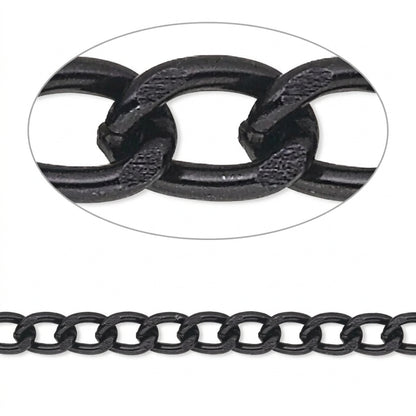 Black metal curb chain shown with a circular close-up inset of the interlocking links and a straight section of the chain below on a white background.