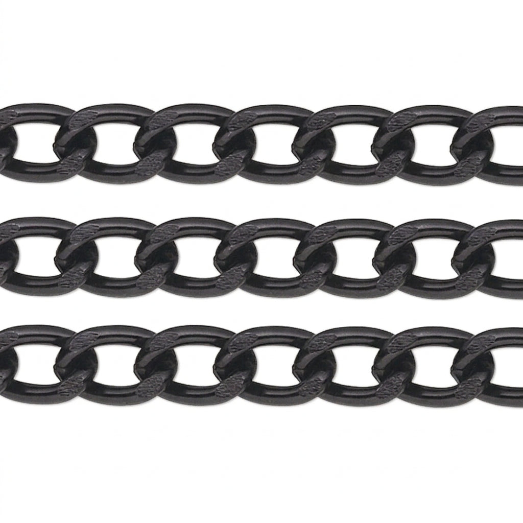 A close-up of a black metal chain with interlocking oval links, shown horizontally across a plain white background.