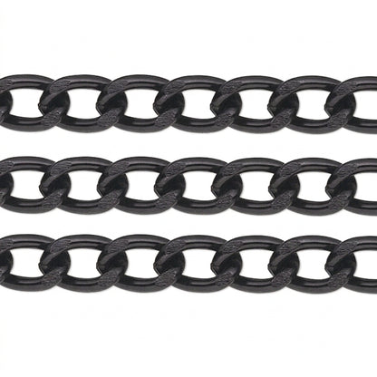 A close-up of a black metal chain with interlocking oval links, shown horizontally across a plain white background.